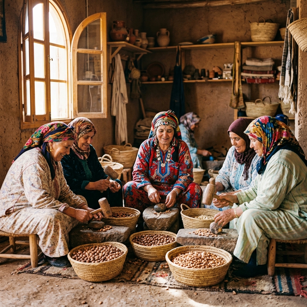 Moroccan women in traditional clothing hand-cracking argan nuts - Bulk Argan Oil