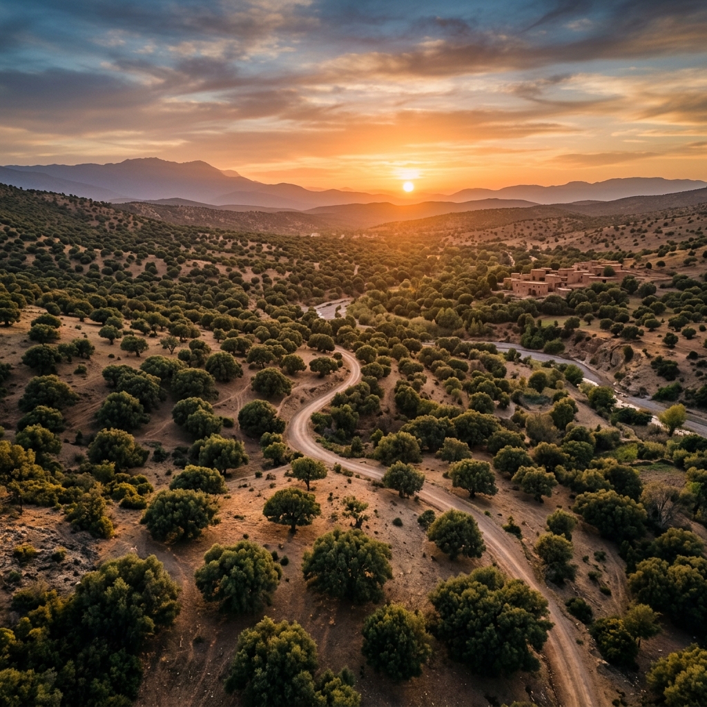 Aerial view of Moroccan argan forest at golden hour - Bulk Argan Oil