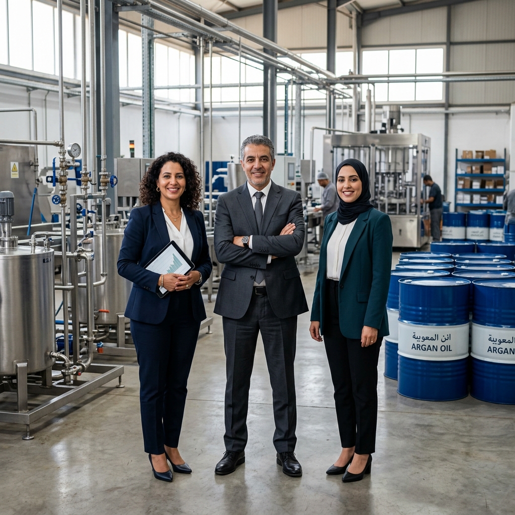 Professional Moroccan business team in modern argan oil production facility